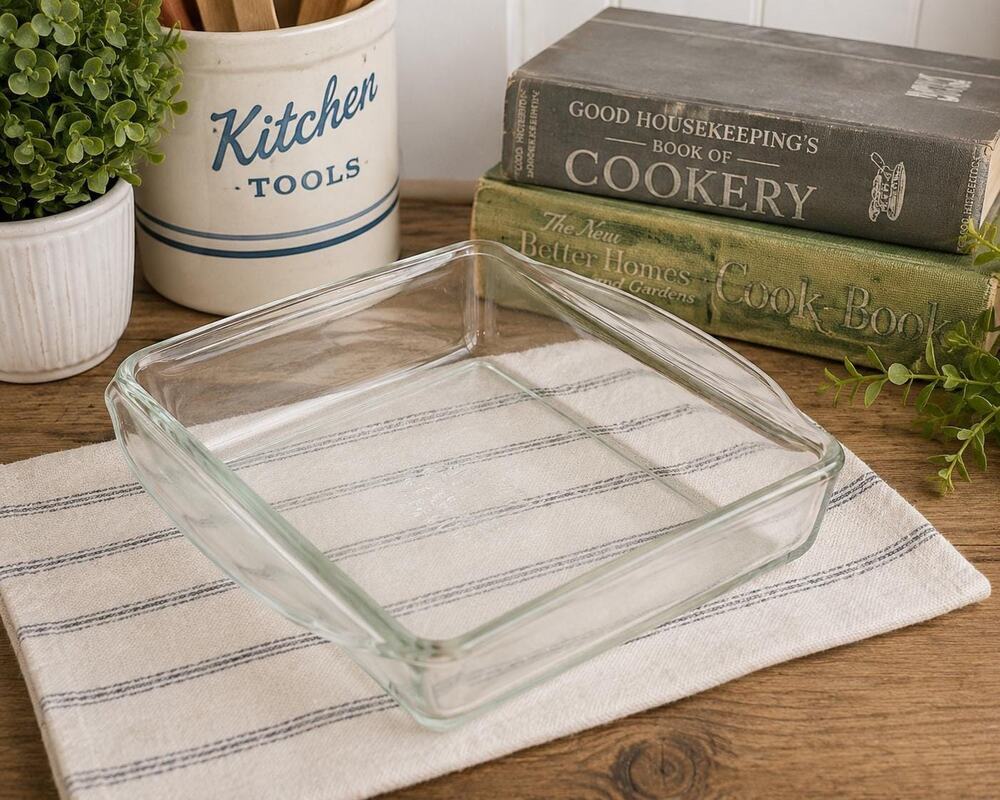 Vintage Fire-King Clear Glass Square Baking Dish Anchor Hocking 8x8 Ovenware USA